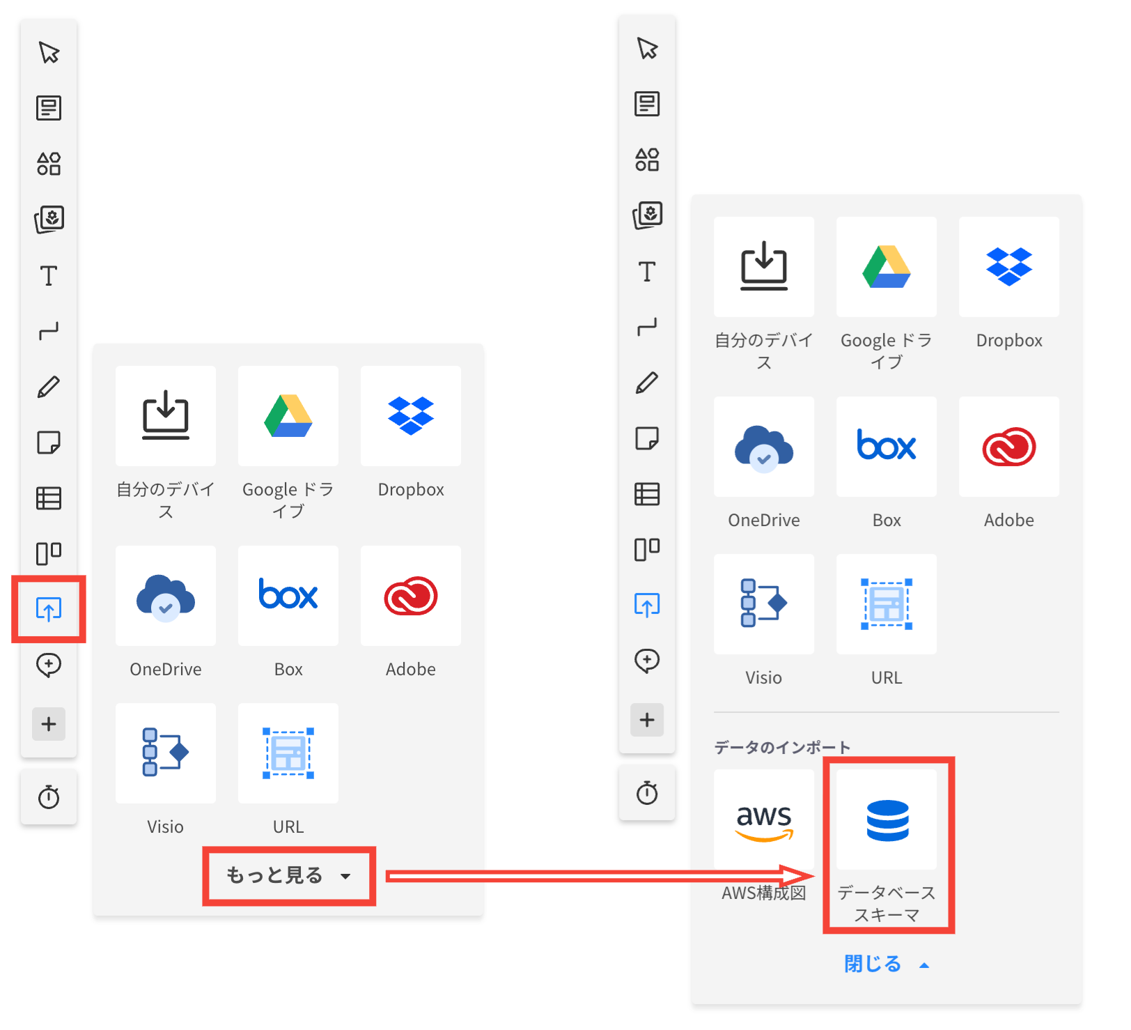 Cacooの図で、エディターにあるデータベーススキーマが表示されている状態のスクリーンショット